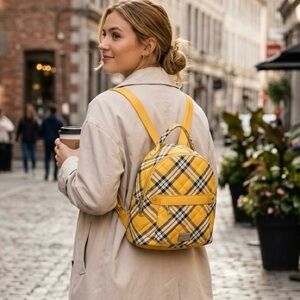 Madden NYC Yellow Plaid Quilted Mini Backpack School Girl Aesthetic 10” by 10”